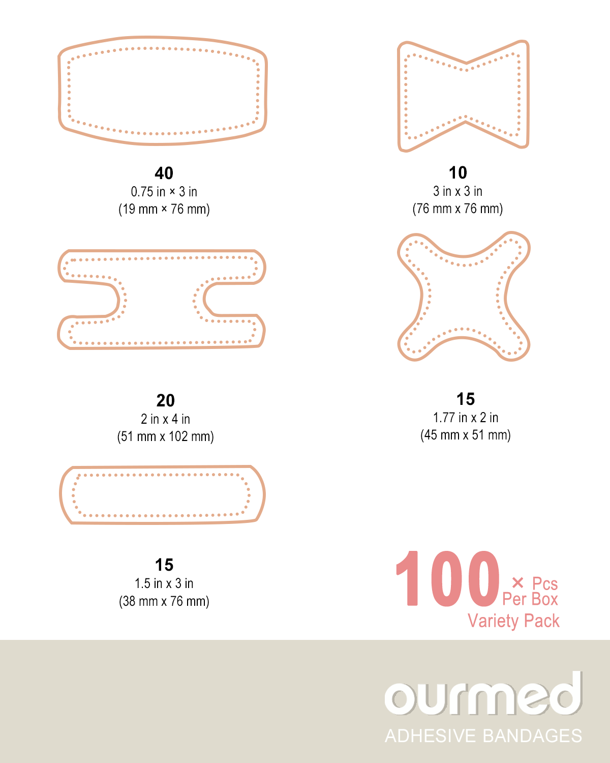 Ourmed Flexible Assorted Bandages Variety Pack - 100 Pieces