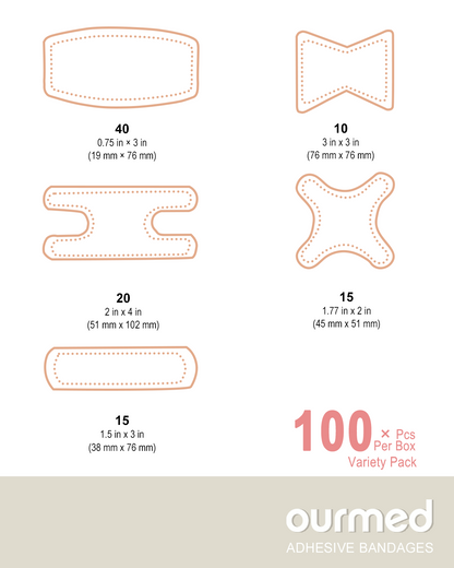 Ourmed Flexible Assorted Bandages Variety Pack - 100 Pieces